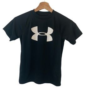 Under Armour Boy's Black with White Logo HeatGear Short Sleeve Shirt Siz…